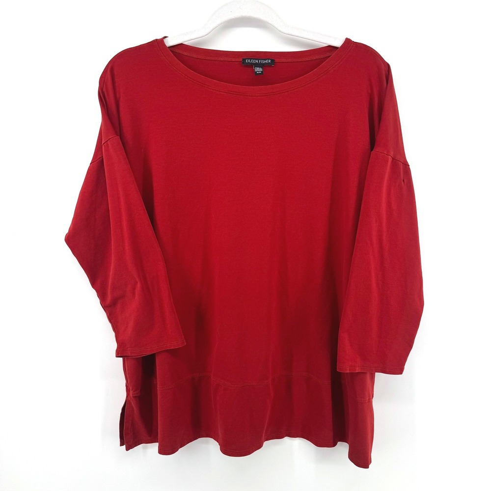 Eileen Fisher Top Women M Red Tencel Minimalist Tunic Quiet Luxury Capsule Shirt